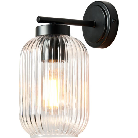 Litecraft Azalea Wall Light Outdoor IP23 Rated Ribbed Glass Lantern - Black