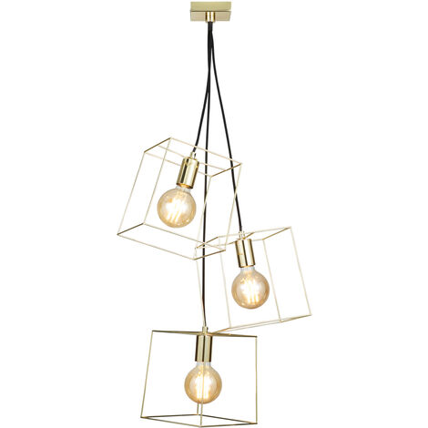 Litecraft Ceiling Pendant 3 Light With Cube Wire Frame Shades - Polished Brass