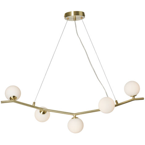 Litecraft Ceiling Pendant Bar 5 Light With Opal Glass Ball Shades - Brass