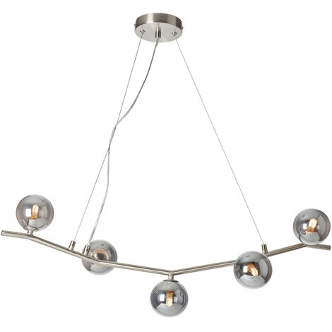 Litecraft Ceiling Pendant Bar 5 Light With Smoke Glass Ball Shades - Satin Nickel
