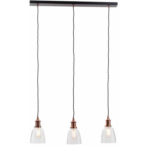 Litecraft Ceiling Pendant Bar Industrial 3 Light With Glass Shades - Copper