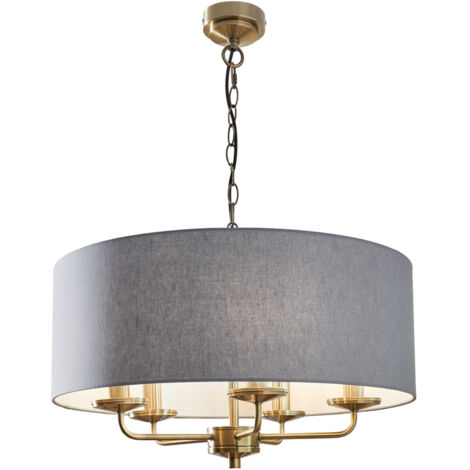 Litecraft Celia Ceiling Pendant Bluish Grey Drum Shaded 5 Light - Antique Brass