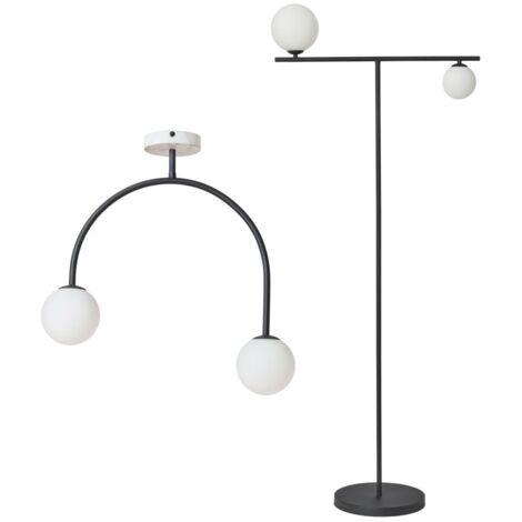 Litecraft Darl Ceiling Light & Floor Lamp With Opal Glass Ball Shades - Black