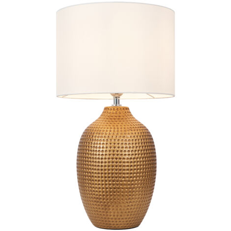 Litecraft Dennis Hammered Ceramic Table Lamp With White Shade - Antique Gold