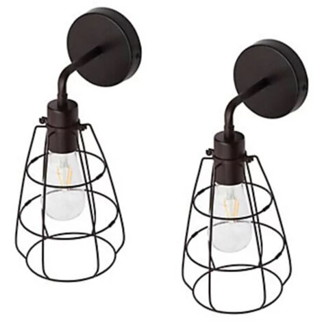 Litecraft Drax Wall Lights Industrial Cage Styled 1 Arm in Aged Bronze - 2 Pack