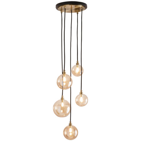 Litecraft Gaio Ceiling Pendant Champagne Tinted Glass Shaded 5 Light - Brass