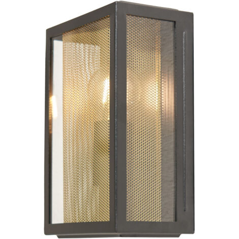 Litecraft Harris Wall Light Outdoor Box Lantern With Brass Mesh Insert - Black
