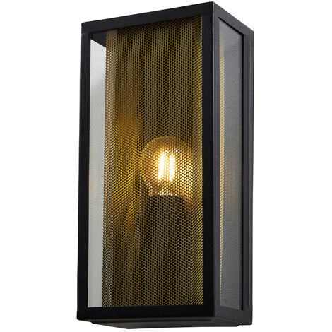 Litecraft Merlin Wall Light Outdoor Box Lantern With Brass Mesh Insert - Black