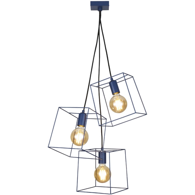 Nico Ceiling Pendant 3 Light With Cube Wire Frame Shades - Navy Blue - Litecraft