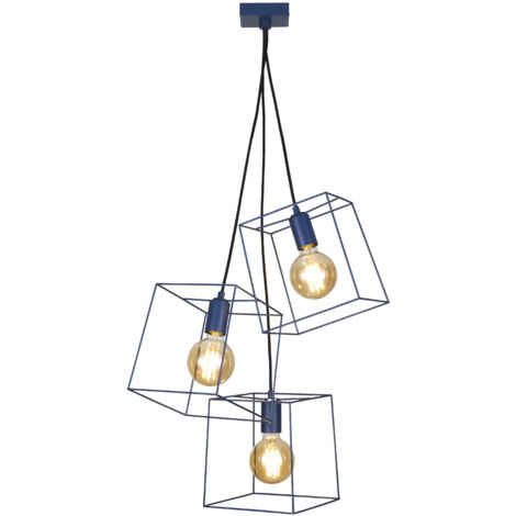 Litecraft Nico Ceiling Pendant 3 Light With Cube Wire Frame Shades - Navy Blue