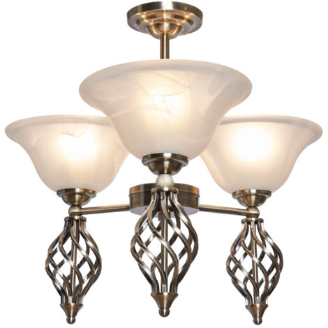 Litecraft Spiral Ceiling Light Semi Flush 3 Arm With Alabaster Glass Shades  - Antique Brass