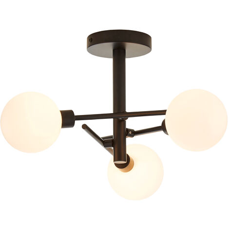 Litecraft Supa Ceiling Light Semi Flush 3 Arm With White Glass Shades - Black