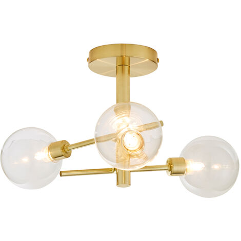 Litecraft Supa Ceiling Light Semi Flush 3 Arm With White Glass Shades - Brass