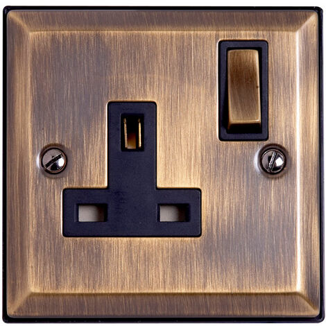 Litecraft Switched Plug Socket Stepped Edge Electrical Fitting - Antique Brass