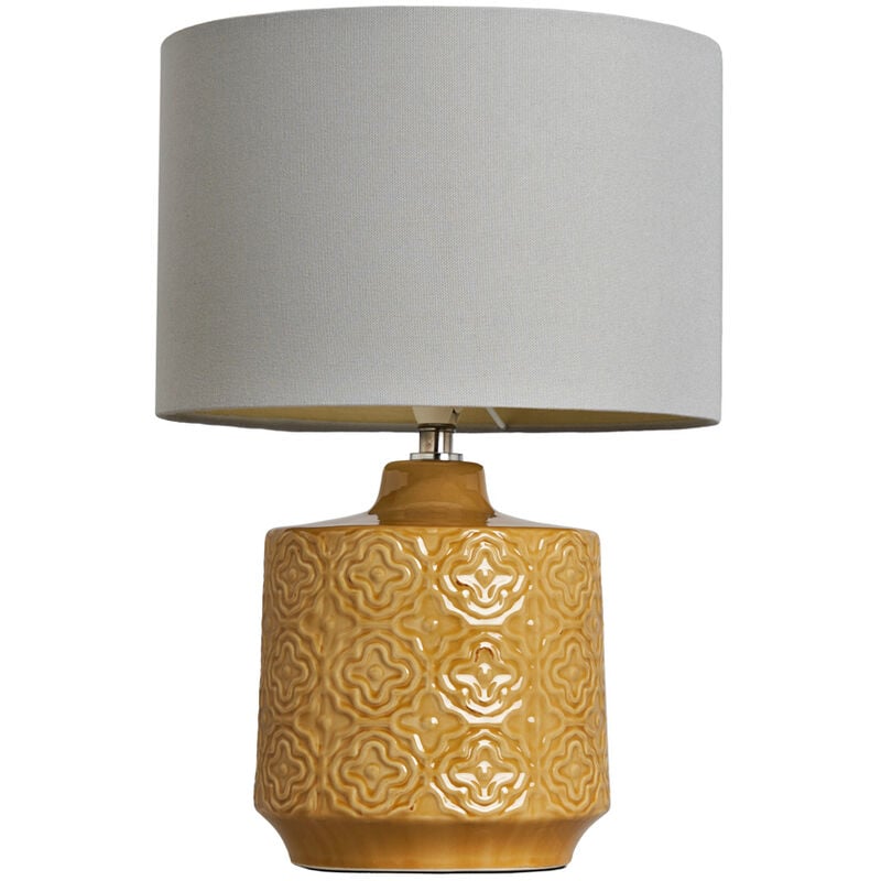 Litecraft - Table Lamp Ceramic E14 Base with Pale Grey Drum Shade - Mustard