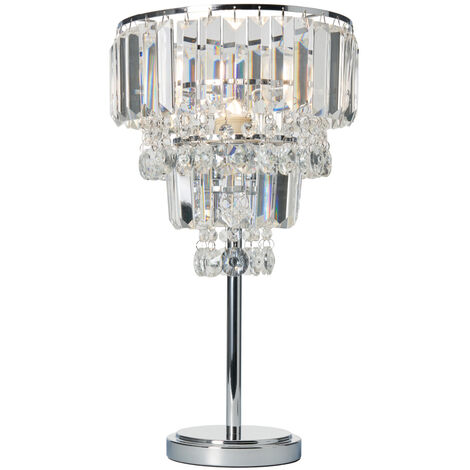 Litecraft Table Lamp E27 Base With Crystal Effect Pendant Shade - Polished Chrome