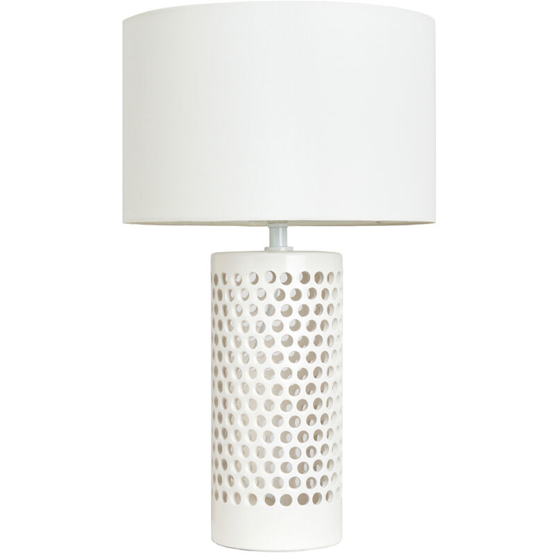 White Table Lamp Pierced Ceramic Base With White Fabric Drum Shade - Litecraft