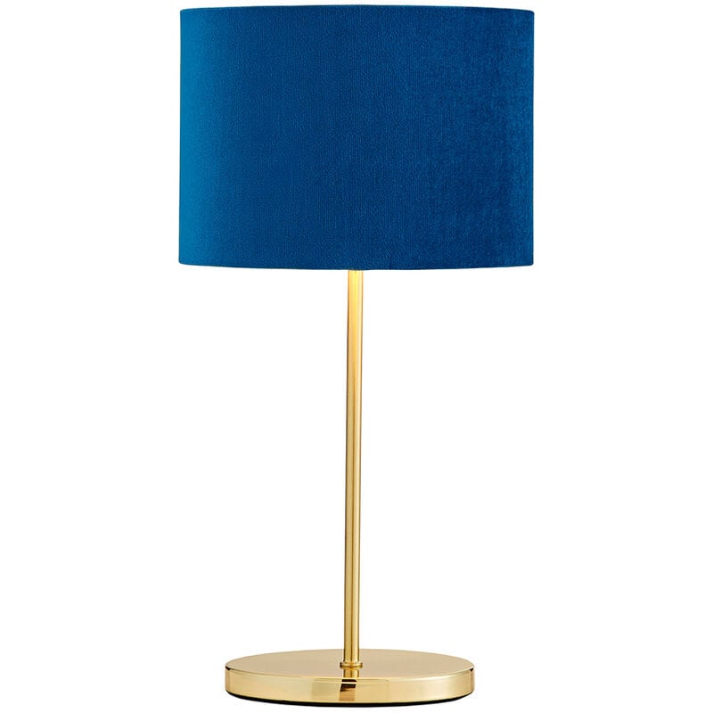 Table Lamp Stick Base With Blue Oval Velvet Shade - Satin Brass - Litecraft