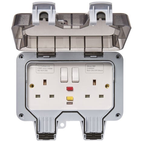 Litecraft UK Plug Outdoor Socket RCD Box 13A 2 Gang With On/ Off Switch - Grey