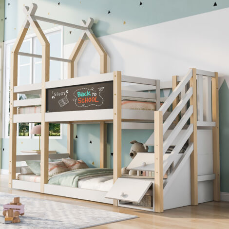 Litera 90 x 200 cm espacio de almacenamiento y dispositivo anticaídas 2 estructuras de cama color natural y blanco (Sin colchón )