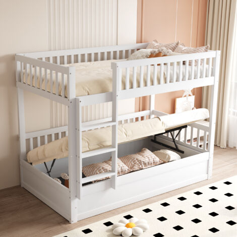 Litera 90×200 cm, Cama Individual con Arcón Hidráulico, Escalera con Peldaños y Barandillas, sin Colchón, Madera, Blanco