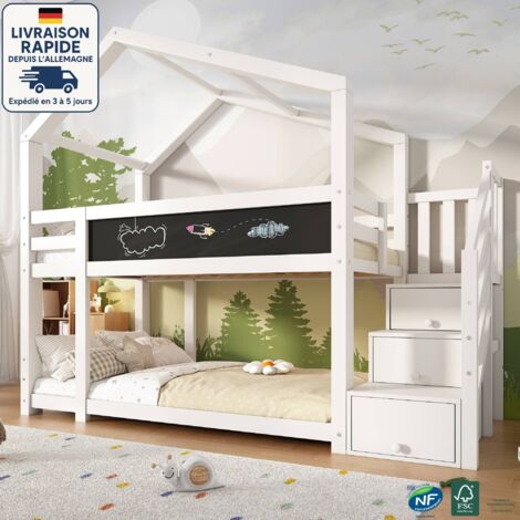 Litera 90x200 cm, cama infantil con chimenea, almacenaje y protección antivuelco, mobiliario de dormitorio, color blanco