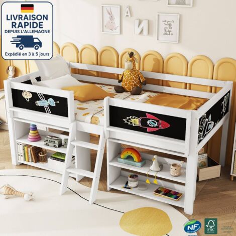 Litera 90x200 cm, cama infantil con estante, barandilla, escalera, estructura de cama de pino, colchón, color blanco