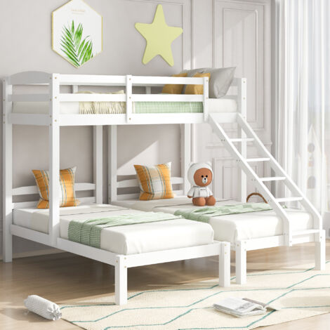 MODFU Litera 90x200cm infantil triple, 3 posiciones, somier de láminas, madera, sin colchón, blanco