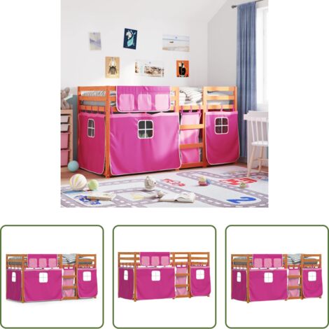 Litera con cortinas -  Litera con cortinas madera maciza de pino rosa 80x200 cm