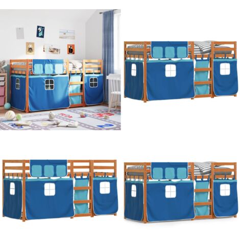 Litera con cortinas madera maciza de pino azul 80x200 cm - Litera con cortinas - Cama para niños