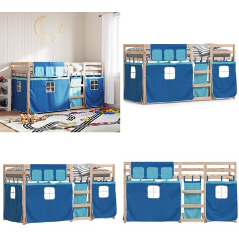 Litera con cortinas madera maciza de pino azul 90x190 cm - Litera para niños - Litera con cortinas