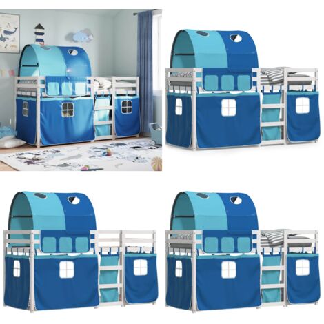 Litera con cortinas madera maciza de pino azul 90x200 cm - Litera con cortinas - Cama para niños