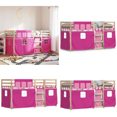 Litera con cortinas madera maciza de pino rosa 80x200 cm - Litera con cortinas - Cama para niños