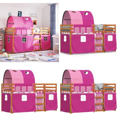 Litera con cortinas madera maciza de pino rosa 80x200 cm - Litera con cortinas - Cama para niños