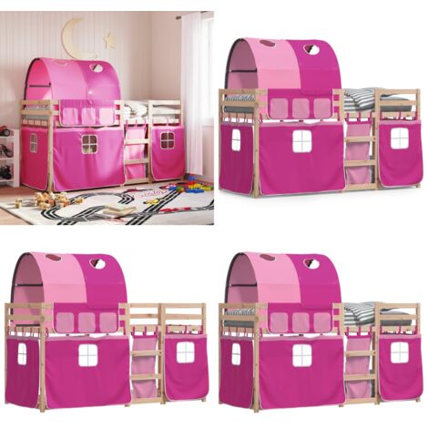 Litera con cortinas madera maciza de pino rosa 90x190 cm - Litera con cortinas - Cama para niños