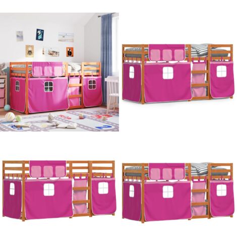 Litera con cortinas madera maciza de pino rosa 90x200 cm - Litera con cortinas - Cama para niños