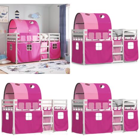 Litera con cortinas madera maciza de pino rosa 90x200 cm - Litera para niños - Litera con cortinas