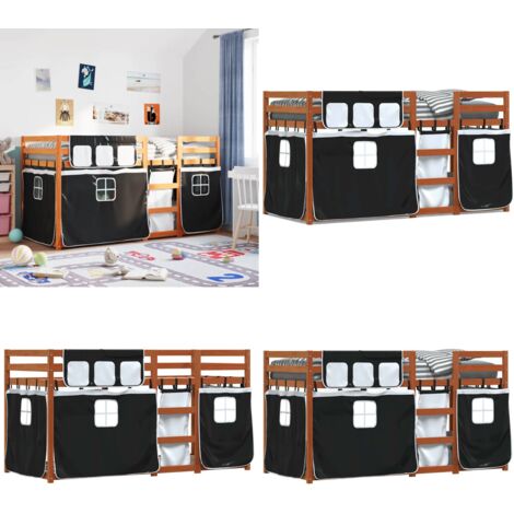 Litera con cortinas madera maciza pino blanco y negro 90x190 cm - Cama para niños - Litera con cortinas