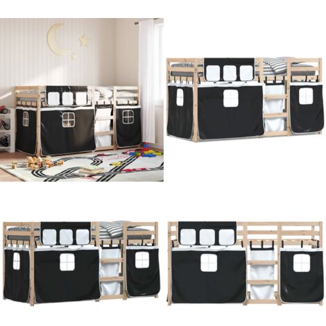 Litera con cortinas madera maciza pino blanco y negro 90x190 cm - Litera con cortinas - Cama para niños