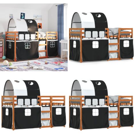 Litera con cortinas madera maciza pino blanco y negro 90x190 cm - Litera para niños - Litera con cortinas