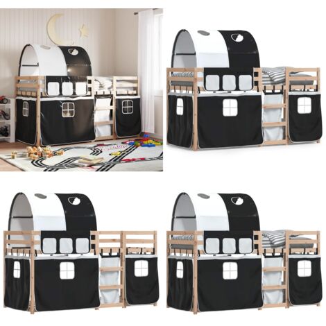 Litera con cortinas madera maciza pino blanco y negro 90x190 cm - Litera para niños - Litera con cortinas