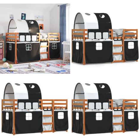 Litera con cortinas madera maciza pino blanco y negro 90x200 cm - Litera con cortinas - Cama para niños