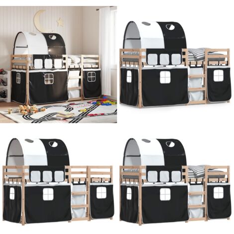 Litera con cortinas madera maciza pino blanco y negro 90x200 cm - Litera para niños - Litera con cortinas