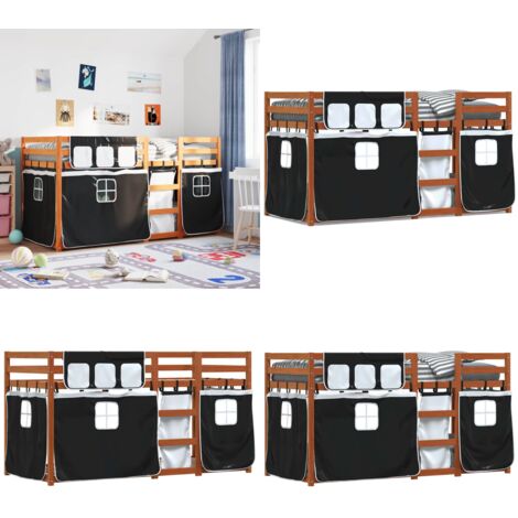 Litera con cortinas madera maciza pino blanco y negro 90x200 cm - Litera para niños - Litera con cortinas
