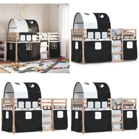 Litera con cortinas madera maciza pino blanco y negro 90x200 cm - Litera para niños - Litera con cortinas