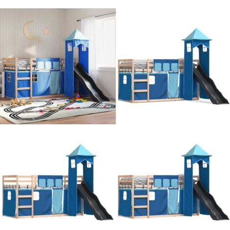 Litera con tobogán y cortinas azul 80x200 cm - Cama para niños - Cama con tobogán