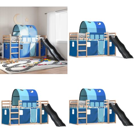Litera con tobogán y cortinas azul 80x200 cm - Cama para niños - Cama con tobogán
