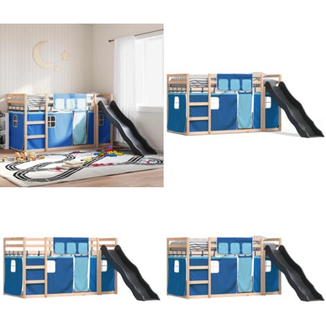 Litera con tobogán y cortinas azul 90x190 cm - Cama para niños - Cama con tobogán