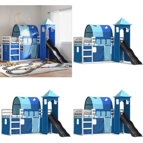 Litera con tobogán y cortinas azul 90x190 cm - Cama para niños - Cama con tobogán