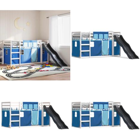 Litera con tobogán y cortinas azul 90x190 cm - Cama para niños - Cama con tobogán